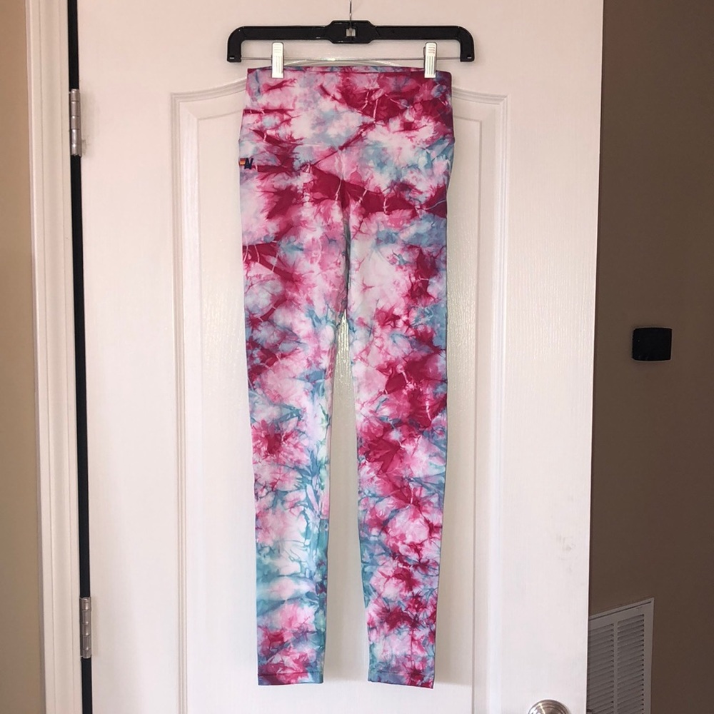 Aviator Nation Hand Dyed Full Length Hi-Rise Leggings: Tie Dye Turquoise, Small.